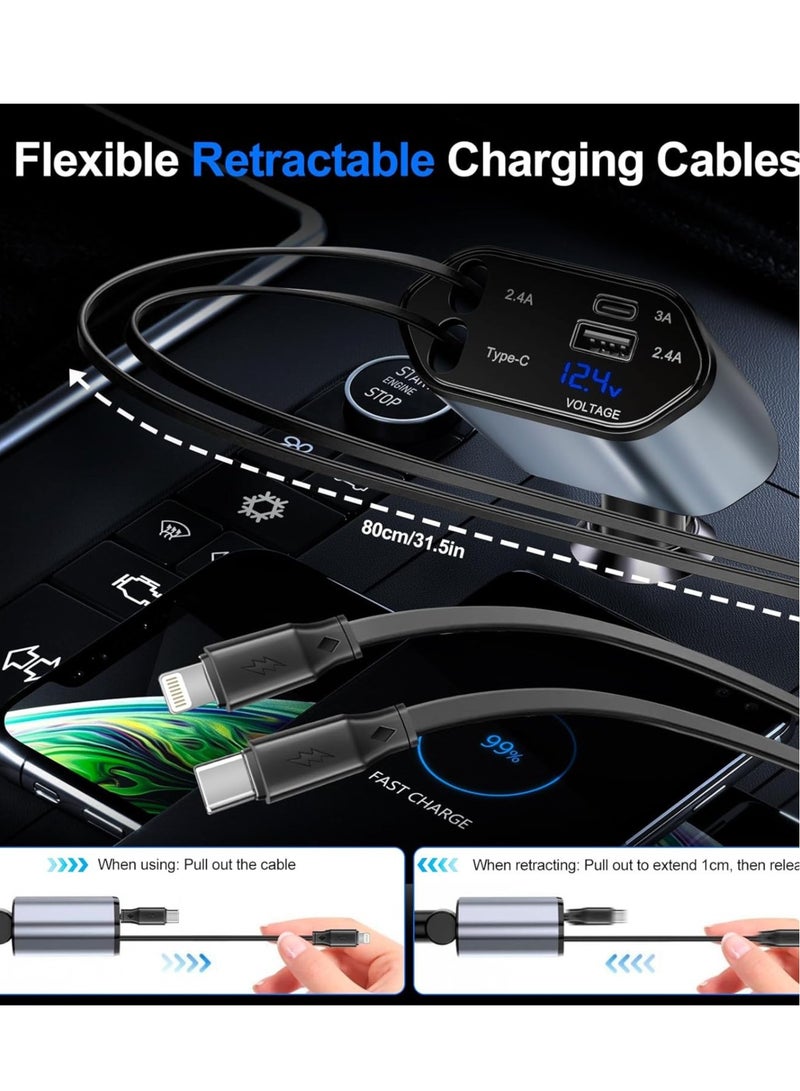 NEW Retractable Car Charger – 4-in-1 Fast Car Phone Charger (2 Retractable Cables + 2 USB Ports) Type-C Adapter for iPhone, Samsung, Google, iPad  More - Image 2